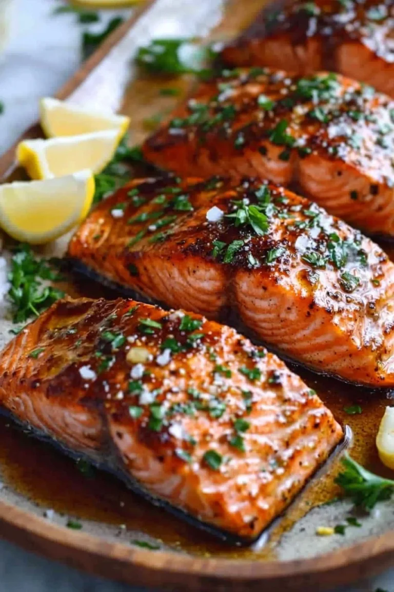 Delicious honey salmon fillet garnished with herbs and spices