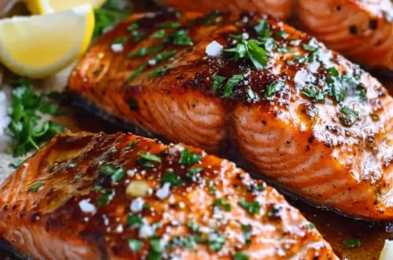 Delicious honey salmon fillet garnished with herbs and spices