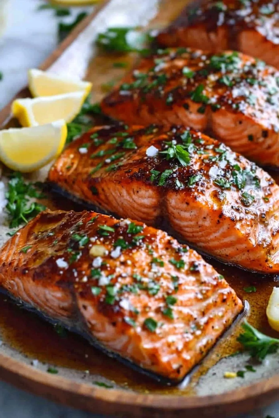 Delicious honey salmon fillet garnished with herbs and spices