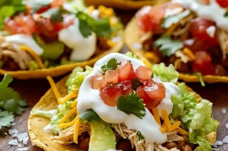 Delicious mini chicken tostadas served with fresh toppings