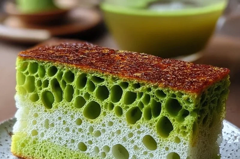 Slice of Pandan Honeycomb Coconut Cake topped with coconut flakes
