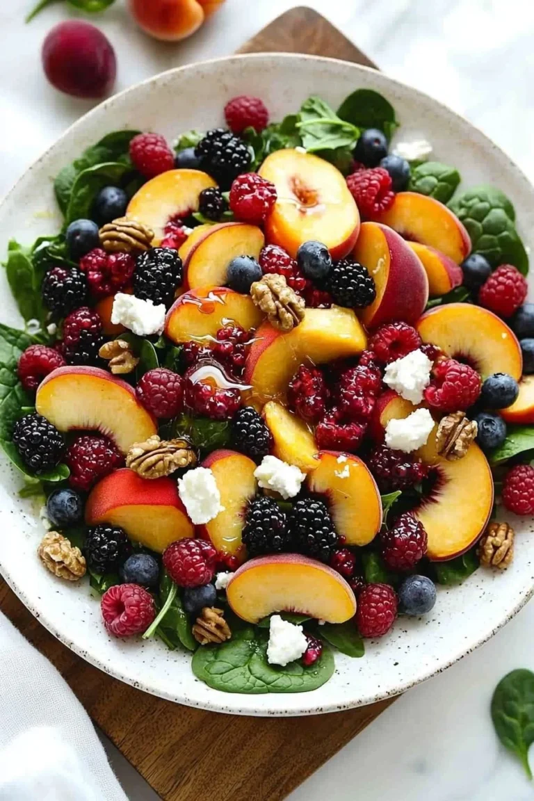 Delicious peach berry salad with fresh fruits and mint in a bowl