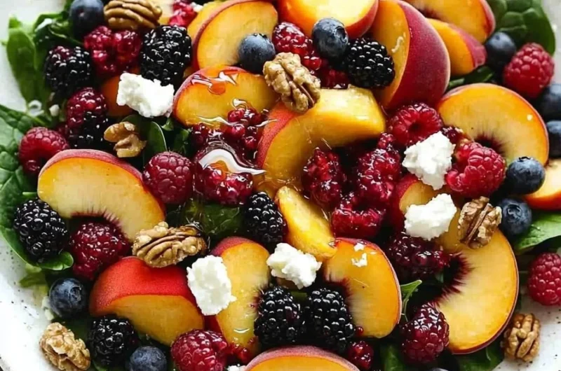 Delicious peach berry salad with fresh fruits and mint in a bowl