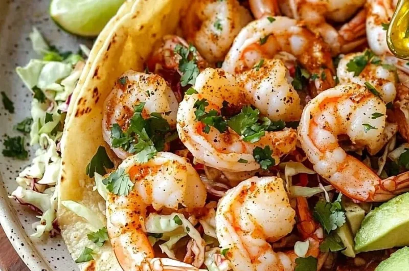 Delicious shrimp tacos garnished with fresh toppings on a plate