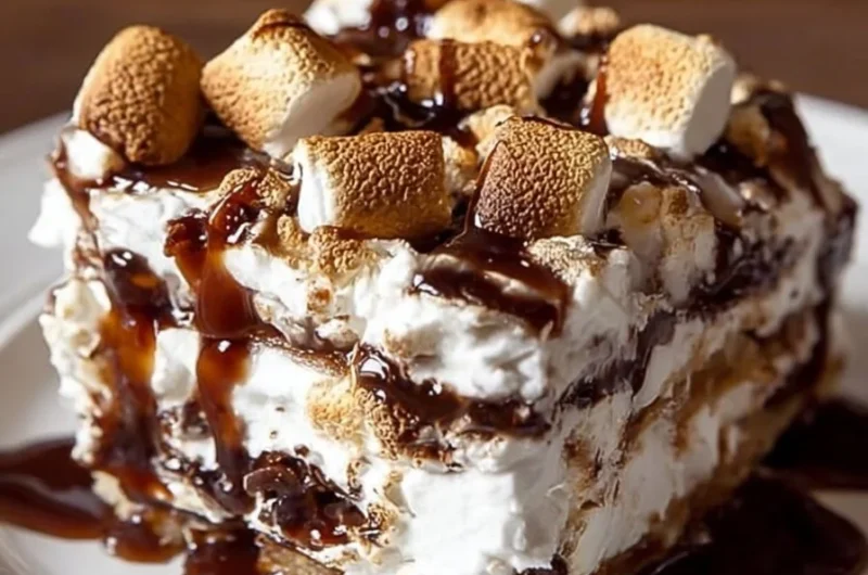 Delicious S'mores Lasagna dessert with layers of chocolate and marshmallows