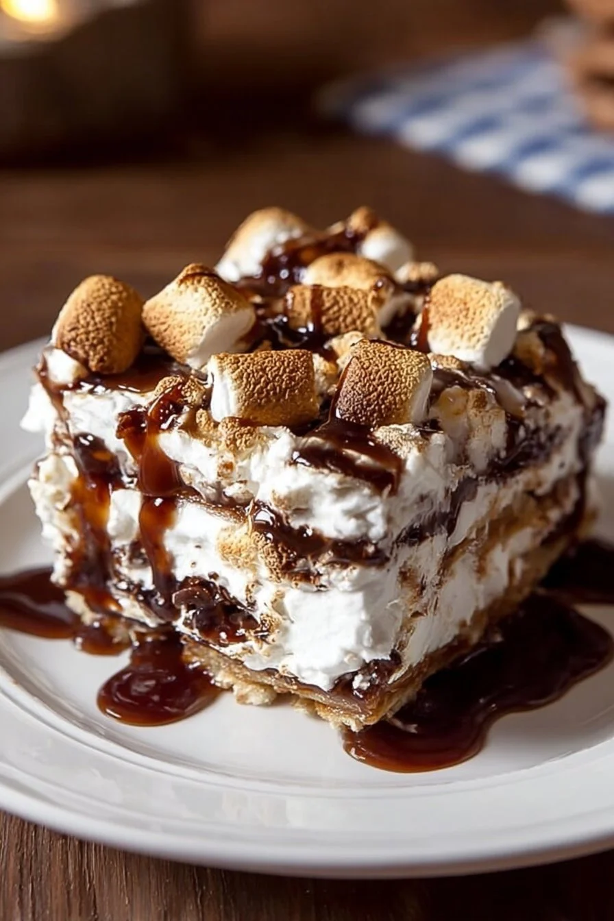 Delicious S'mores Lasagna dessert with layers of chocolate and marshmallows