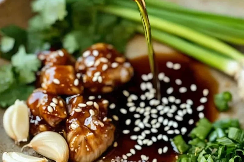 Delicious soy garlic sauce drizzled over a savory dish