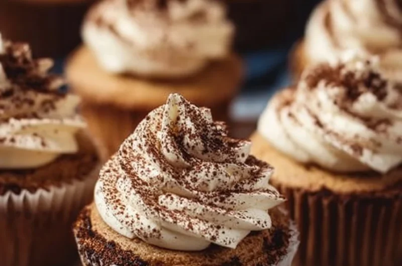 Delicious tiramisu cupcakes topped with coffee-flavored frosting