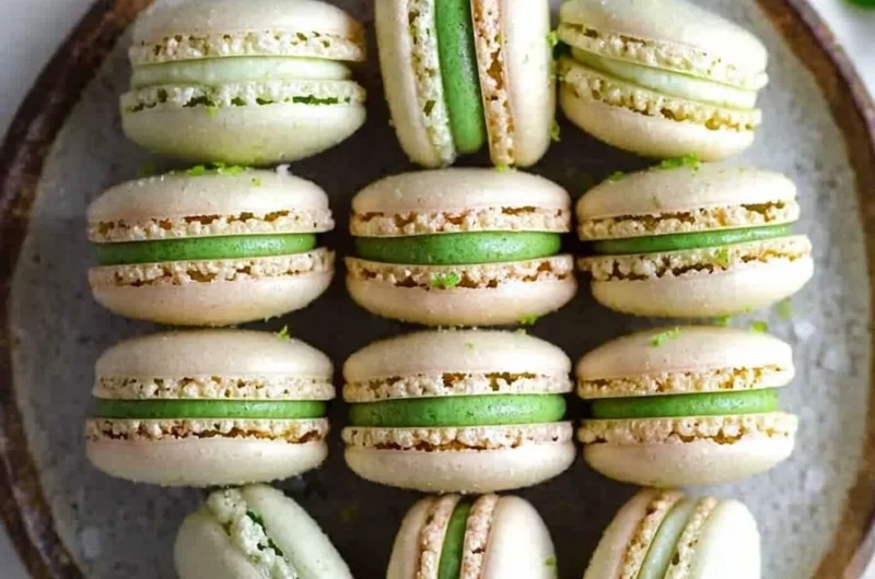 Delicious zesty lime macarons displayed on a plate with vibrant colors.