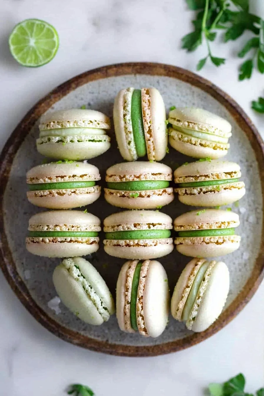 Delicious zesty lime macarons displayed on a plate with vibrant colors.