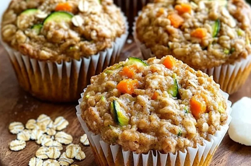Delicious zucchini carrot oatmeal muffins topped with oats and drizzled honey