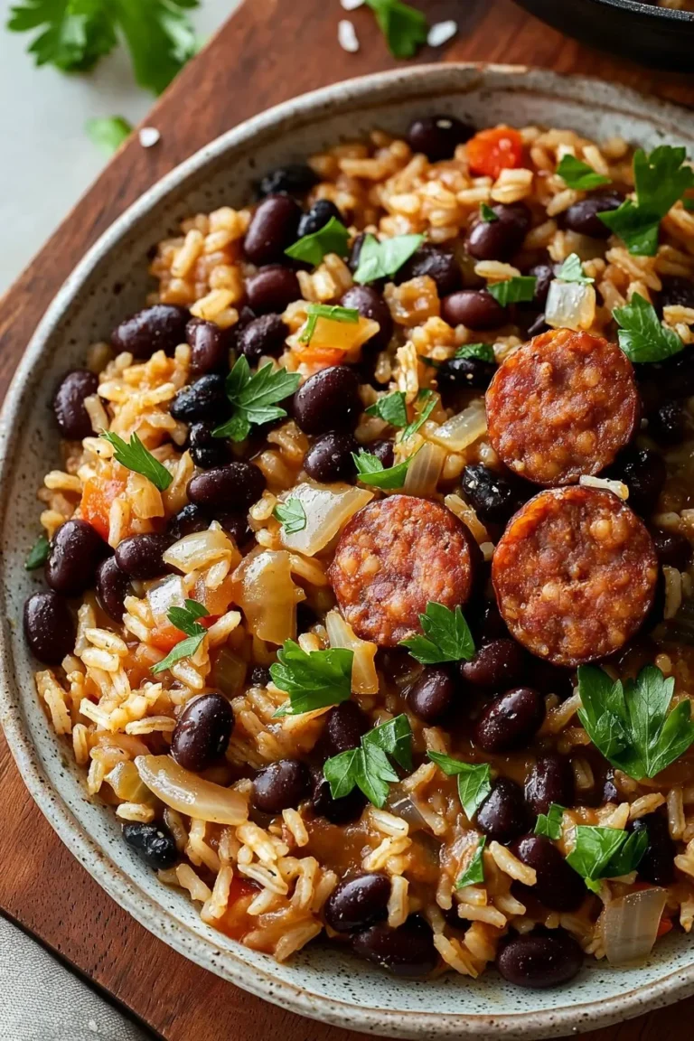 Delicious black beans and rice with sausage served in a bowl