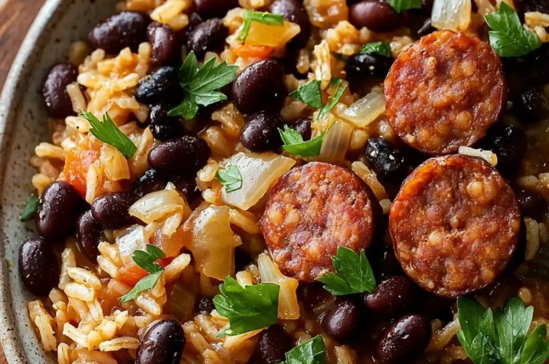Delicious black beans and rice with sausage served in a bowl