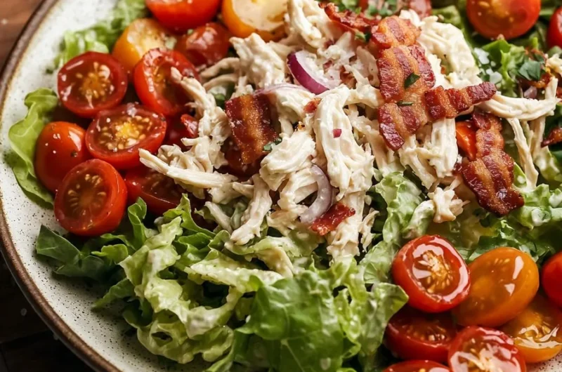 A serving of BLT Chicken Salad, featuring chicken, bacon, lettuce, and tomatoes.