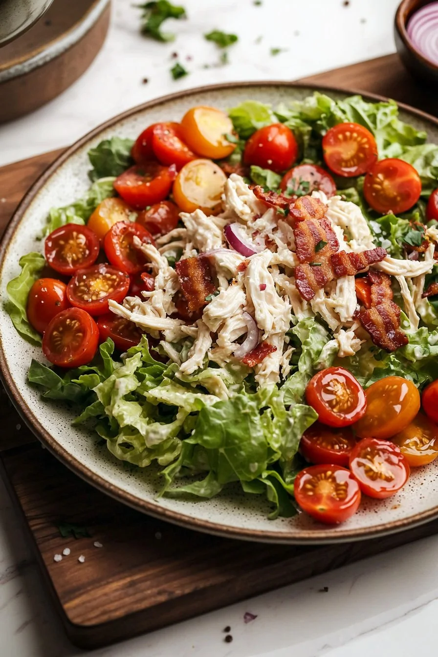A serving of BLT Chicken Salad, featuring chicken, bacon, lettuce, and tomatoes.