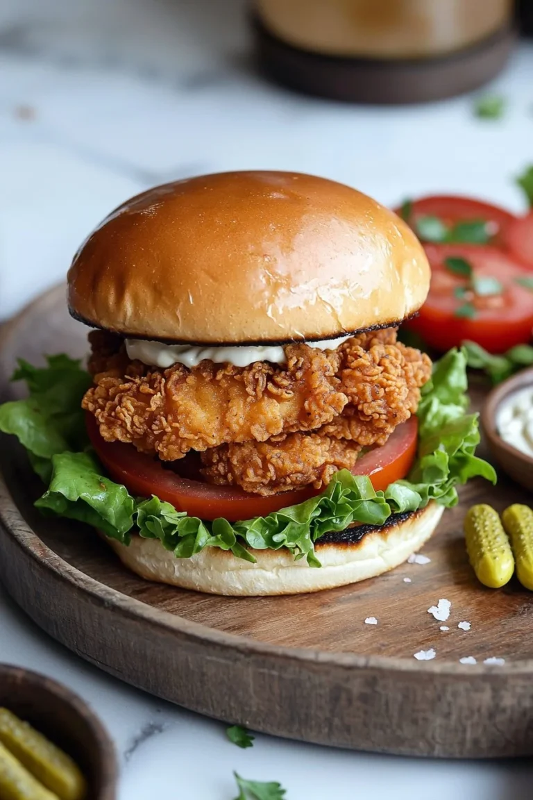 Buttermilk Fried Crispy Chicken Burger with toppings on a plate