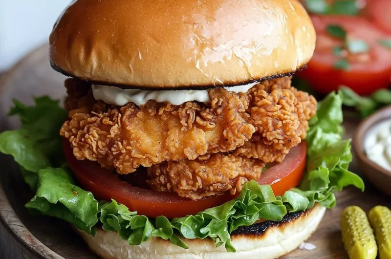Buttermilk Fried Crispy Chicken Burger with toppings on a plate