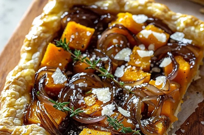 Butternut Squash Tart with caramelized onions on a wooden table