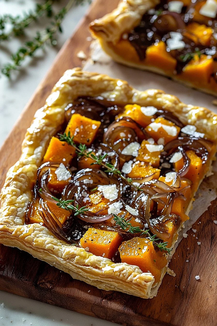 Butternut Squash Tart with caramelized onions on a wooden table