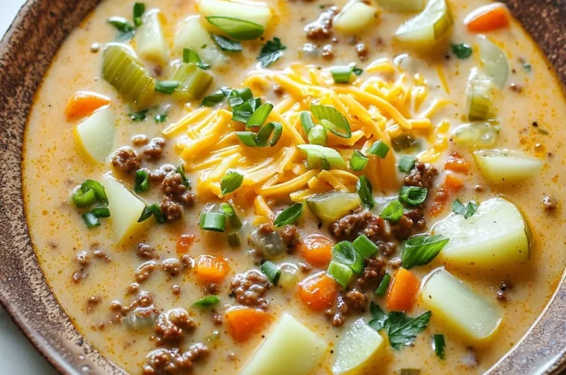 Bowl of creamy cheeseburger soup topped with cheese and bacon.