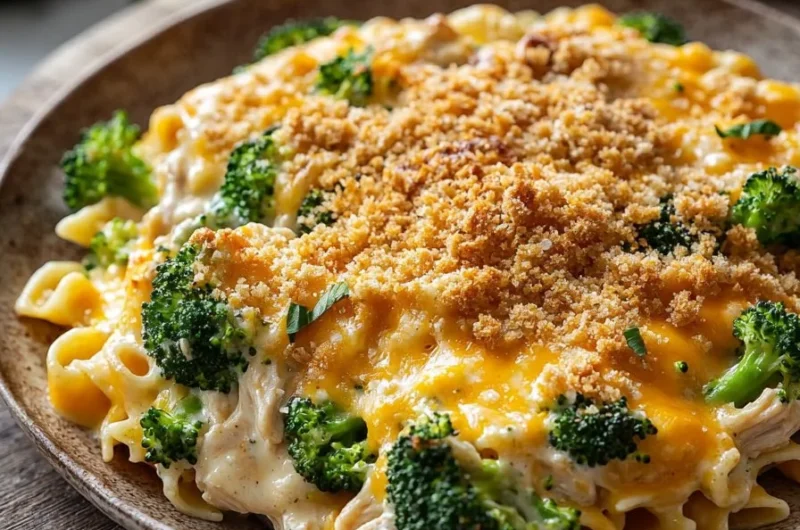 Cheesy broccoli chicken pasta bake in a serving dish with melted cheese on top.