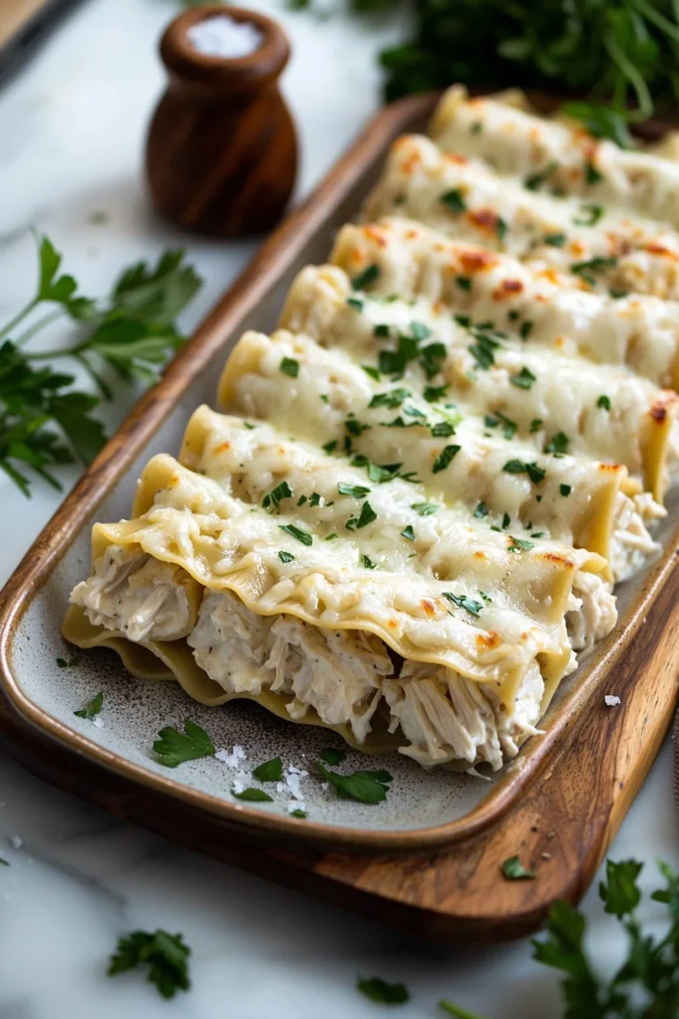 Chicken Alfredo Lasagna Roll Ups on a white plate, garnished with parsley