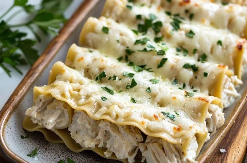 Chicken Alfredo Lasagna Roll Ups on a white plate, garnished with parsley