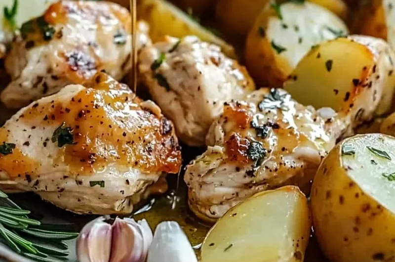 Delicious plate of chicken and roasted potatoes ready to be served
