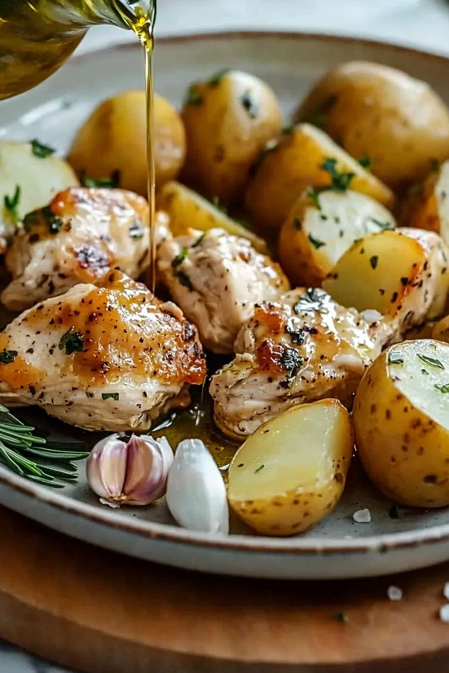 Delicious plate of chicken and roasted potatoes ready to be served
