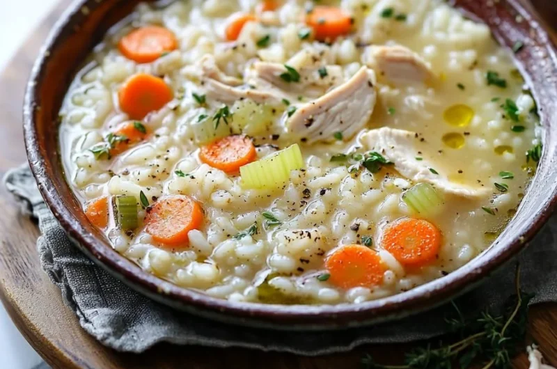 Delicious Chicken Rice Soup served in a bowl with herbs and spice garnishes.