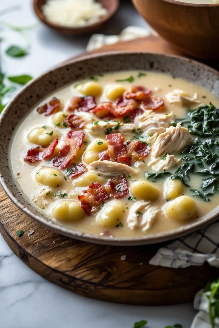 Bowl of Chicken Bacon Gnocchi Soup with chicken, bacon, and gnocchi in creamy broth.
