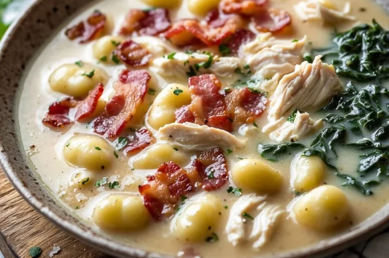 Bowl of Chicken Bacon Gnocchi Soup with chicken, bacon, and gnocchi in creamy broth.