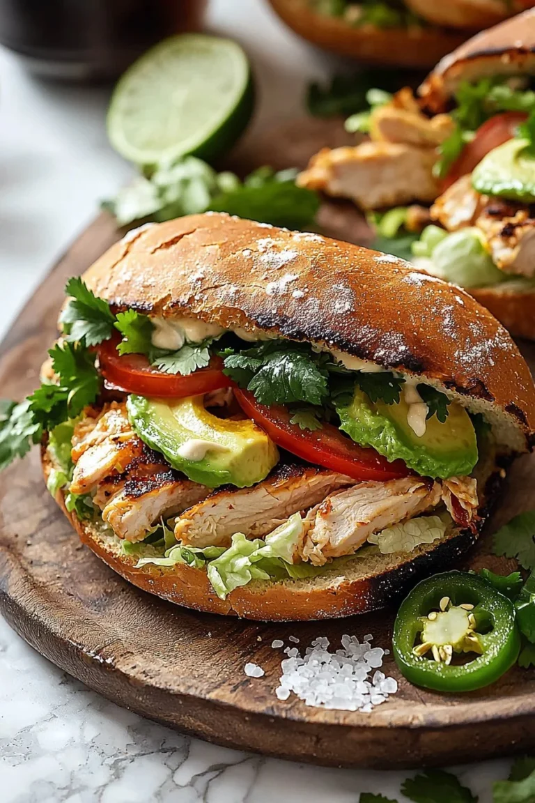 Delicious Chicken Torta Sandwich with fresh toppings and crusty bread.