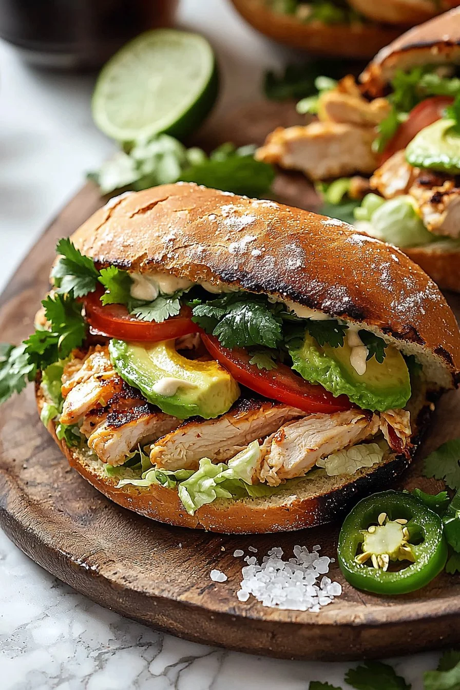 Delicious Chicken Torta Sandwich with fresh toppings and crusty bread.