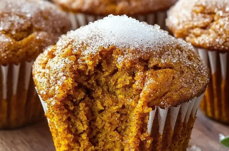 Freshly baked cinnamon sugar pumpkin muffins on a wooden table