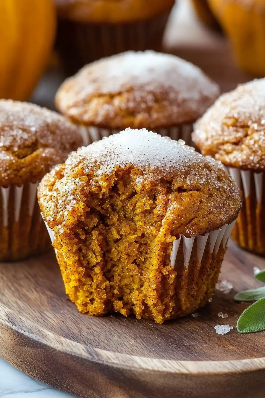 Freshly baked cinnamon sugar pumpkin muffins on a wooden table