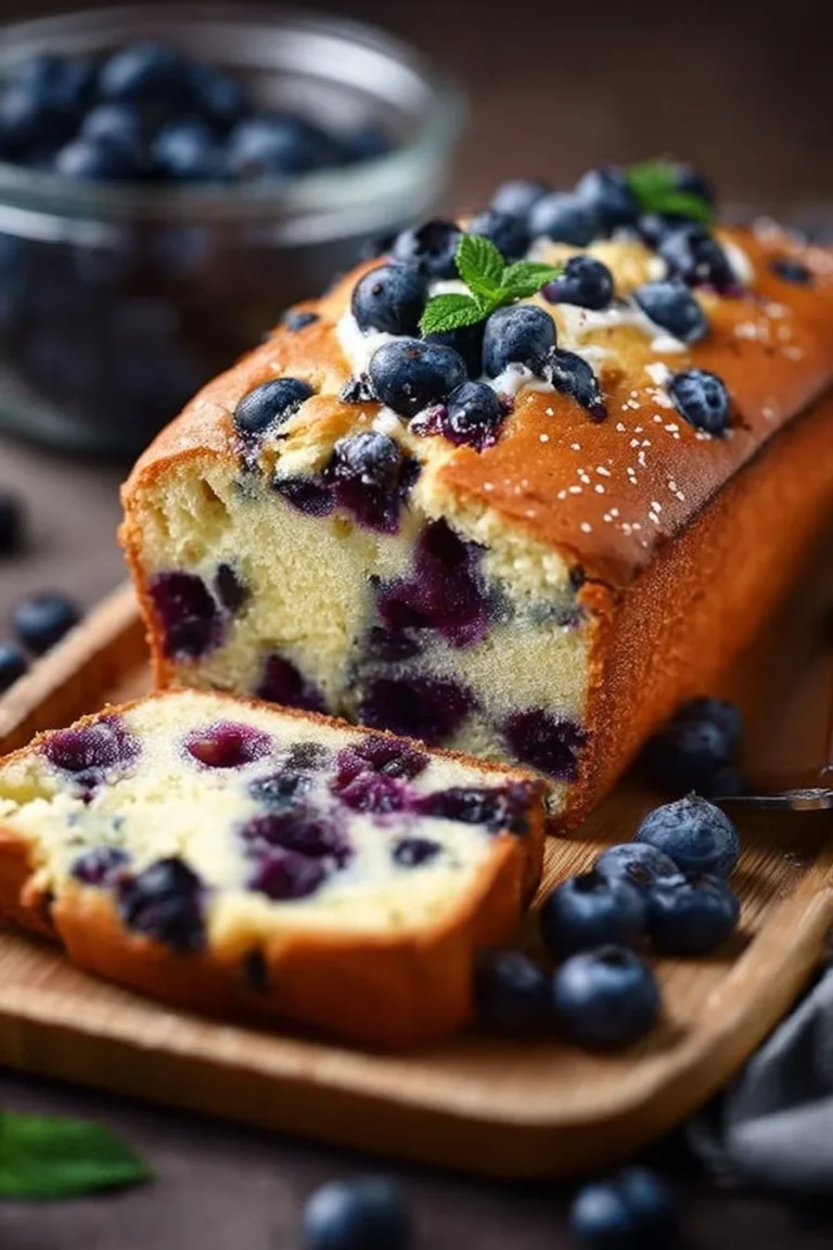 Loaf of cottage cheese blueberry bread topped with fresh blueberries.
