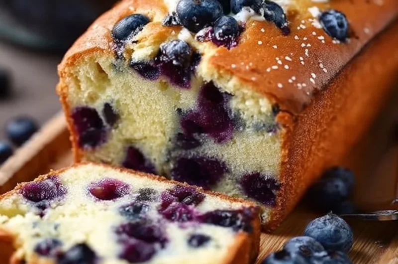 Loaf of cottage cheese blueberry bread topped with fresh blueberries.