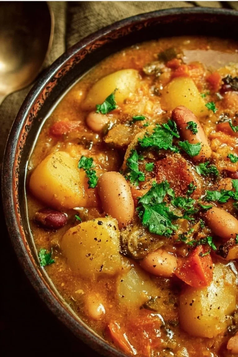 Cozy Cajun bean and potato stew in a bowl garnished with herbs