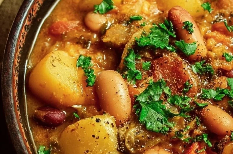 Cozy Cajun bean and potato stew in a bowl garnished with herbs