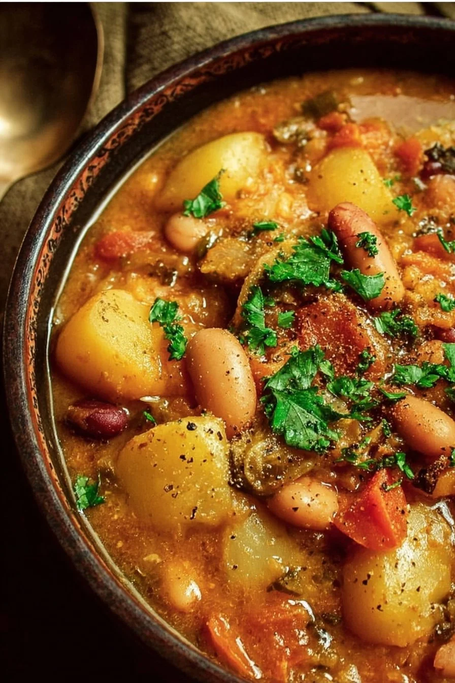 Cozy Cajun bean and potato stew in a bowl garnished with herbs