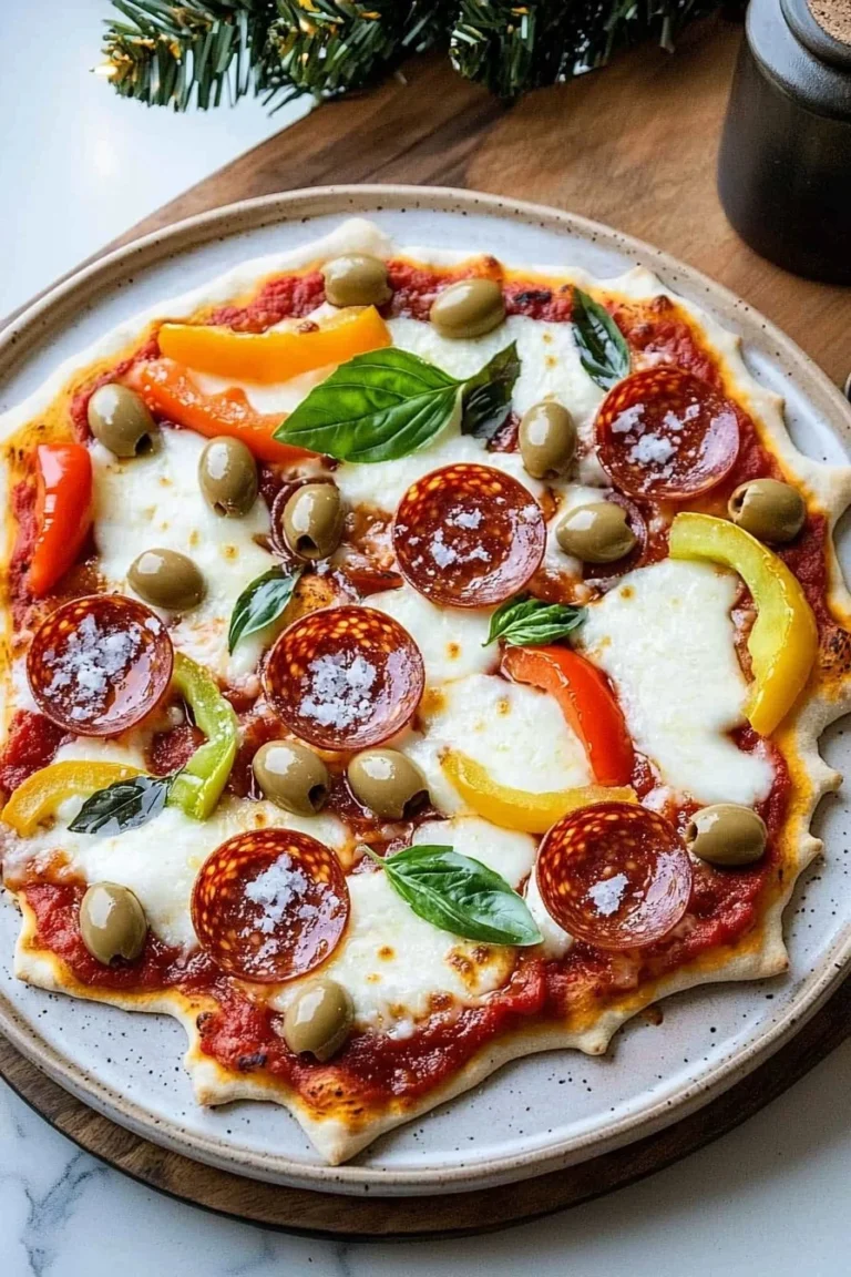 Festive Christmas Tree Pizza with colorful toppings for holiday gatherings