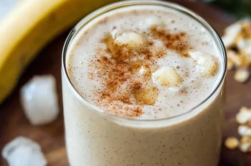 Cozy cinnamon roll protein breakfast shake in a glass with a cinnamon stick