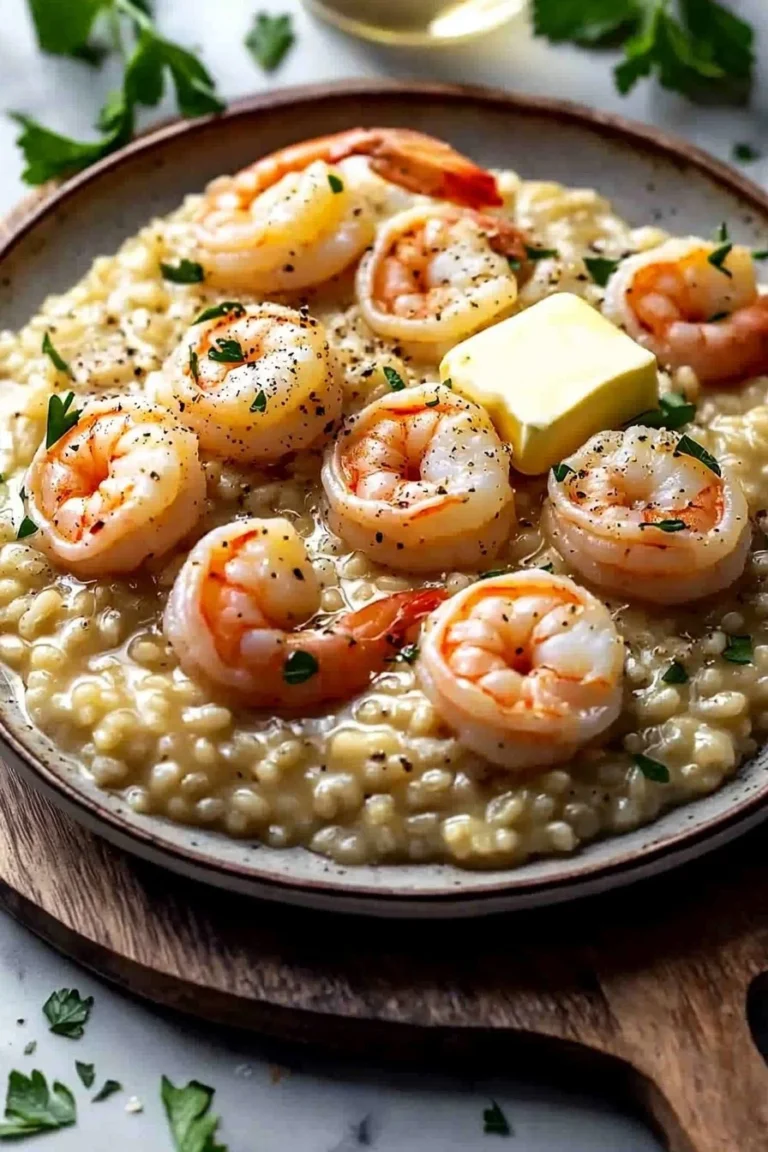 Cozy creamy shrimp risotto served in a bowl garnished with parsley.