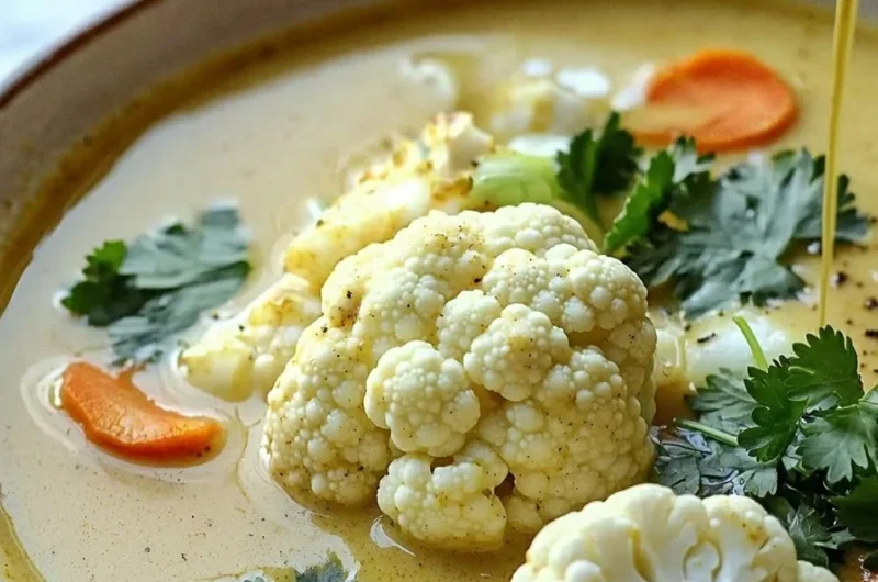 Bowl of cozy curried cauliflower soup garnished with herbs.