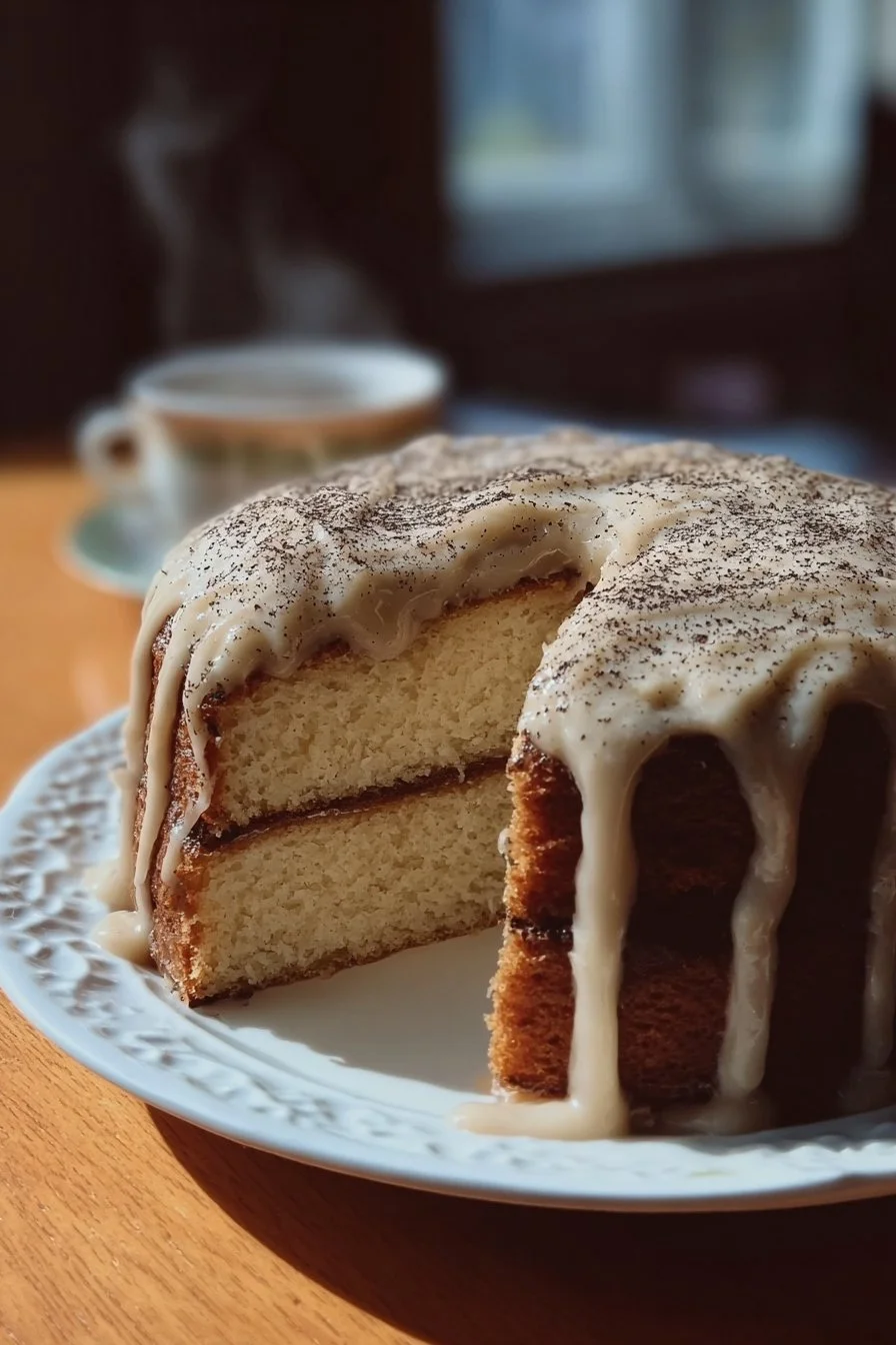 Cozy Earl Grey London Fog Cake topped with frosting and tea leaves