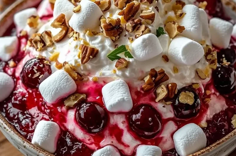 Cozy Christmas Cherry Fluff dessert topped with cherries and whipped cream.