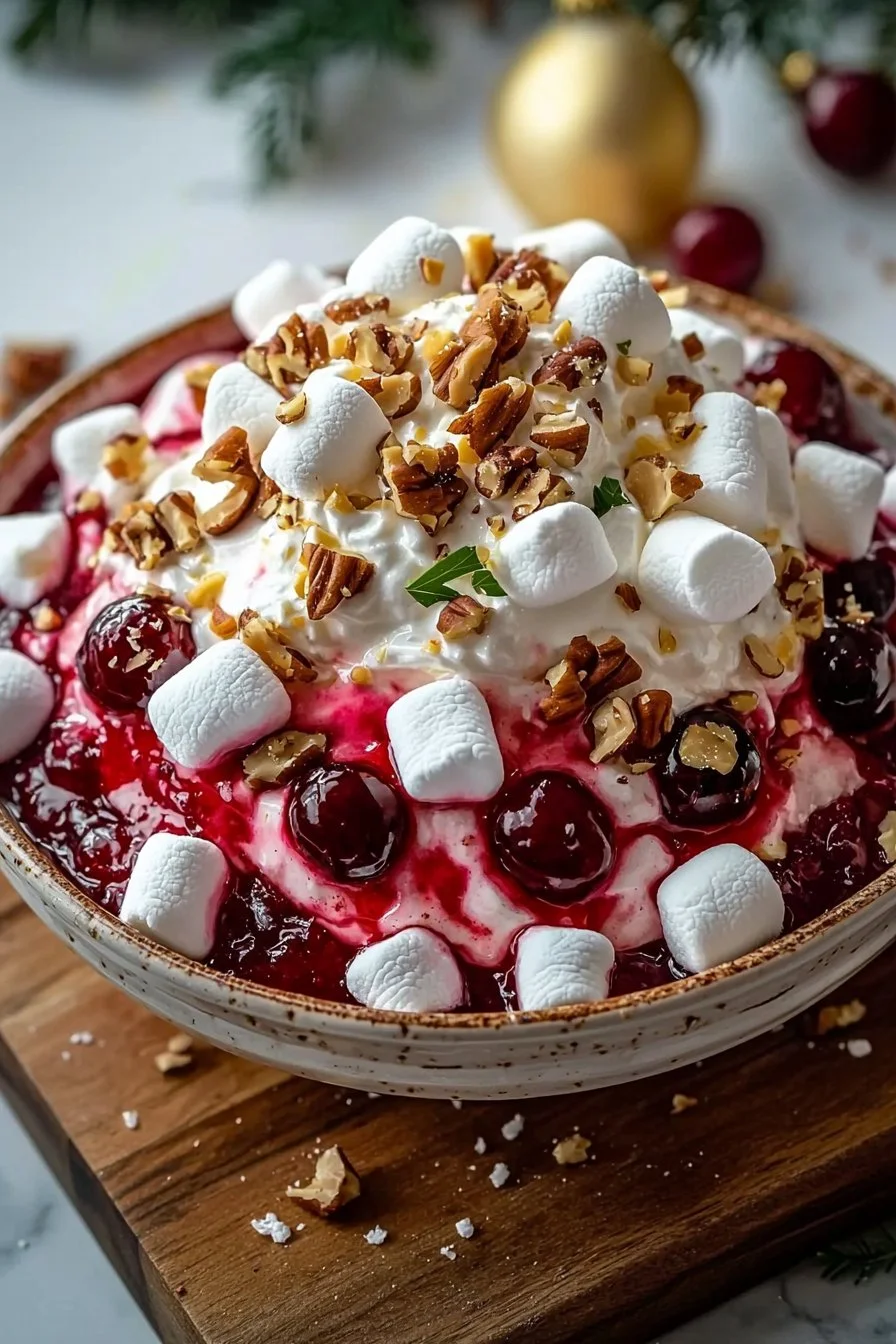 Cozy Christmas Cherry Fluff dessert topped with cherries and whipped cream.
