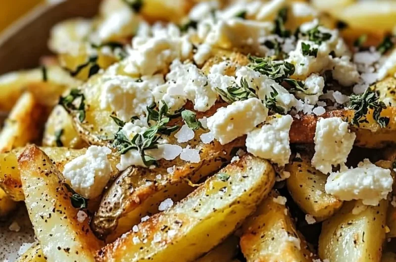 Cozy Greek Lemon Feta Fries topped with lemon and feta cheese