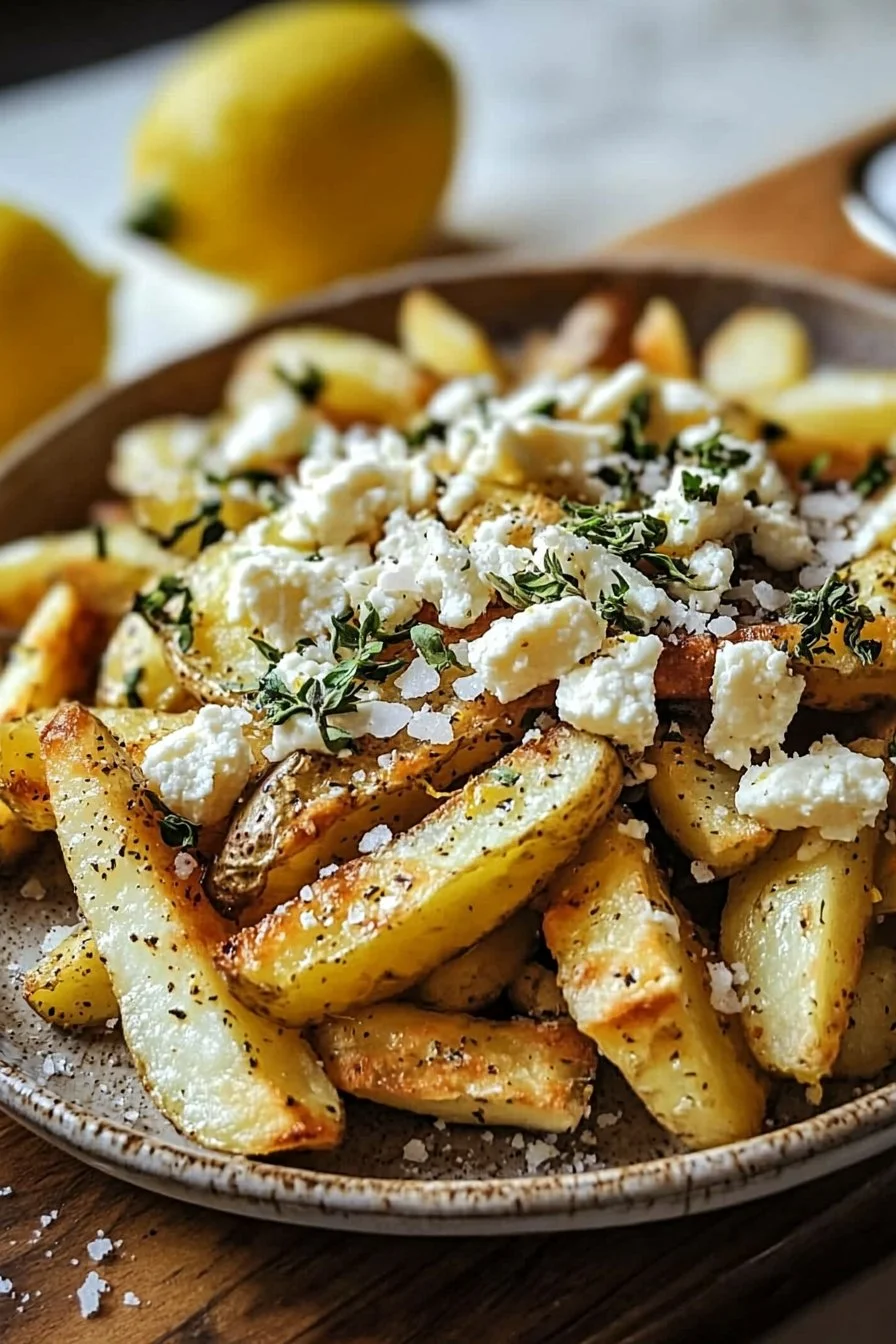 Cozy Greek Lemon Feta Fries topped with lemon and feta cheese